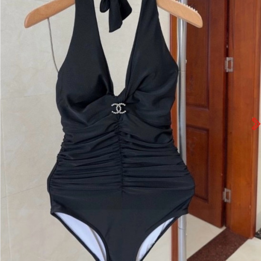 CHANEL Elegant Black Ruched Swimsuit